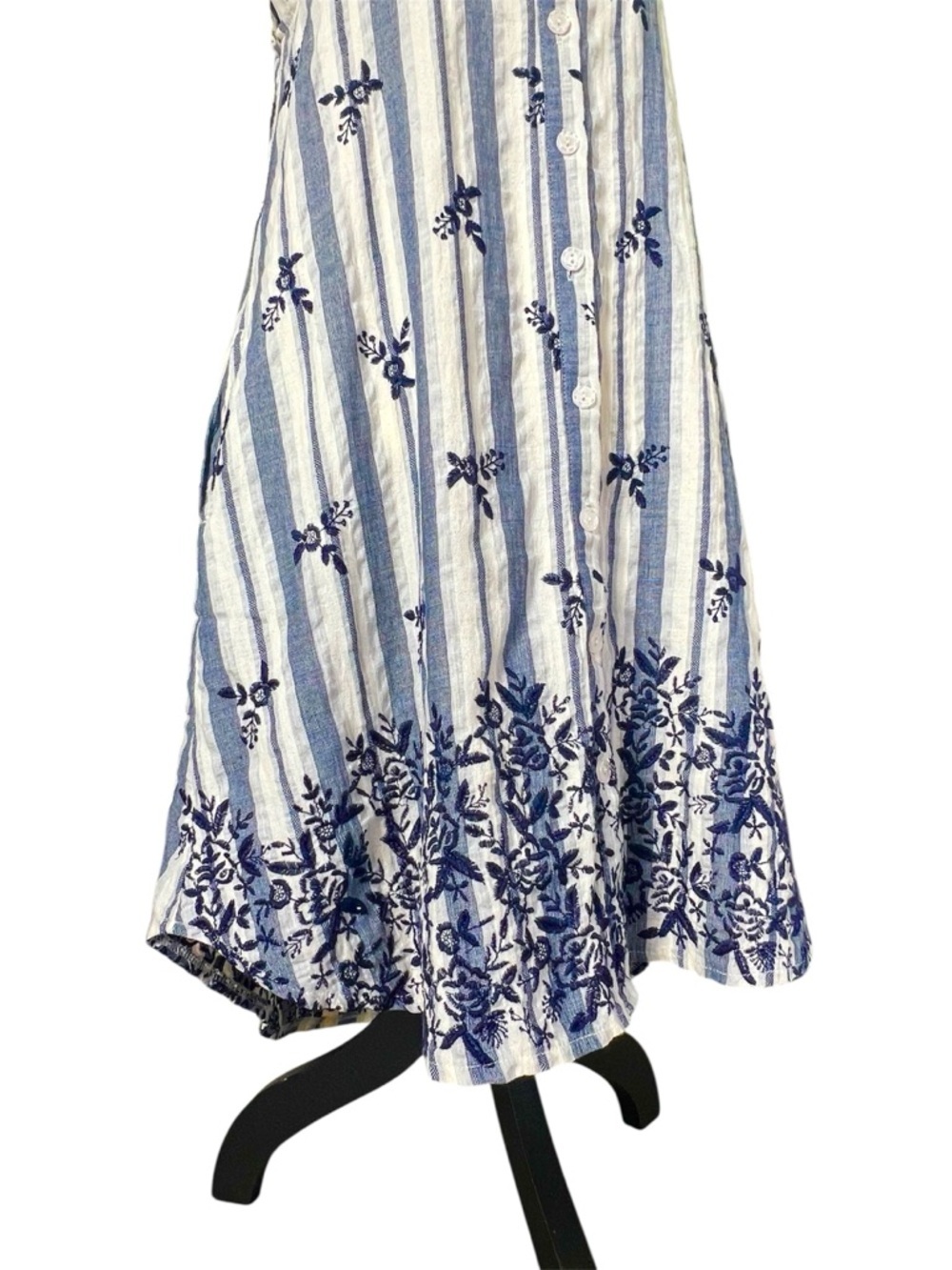 Boho Chic Embroidered Cotton Striped Appliqué Midi Dress Blue and Ivory Size S - Picture 11 of 12